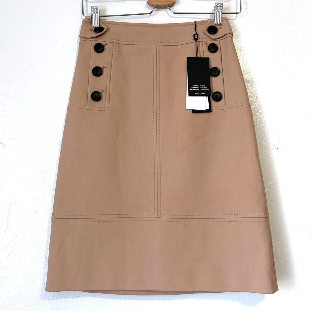 Karen Millen NWT Cotton Blend Button Detail A-Line Skirt Tan Size US 4 UK 8